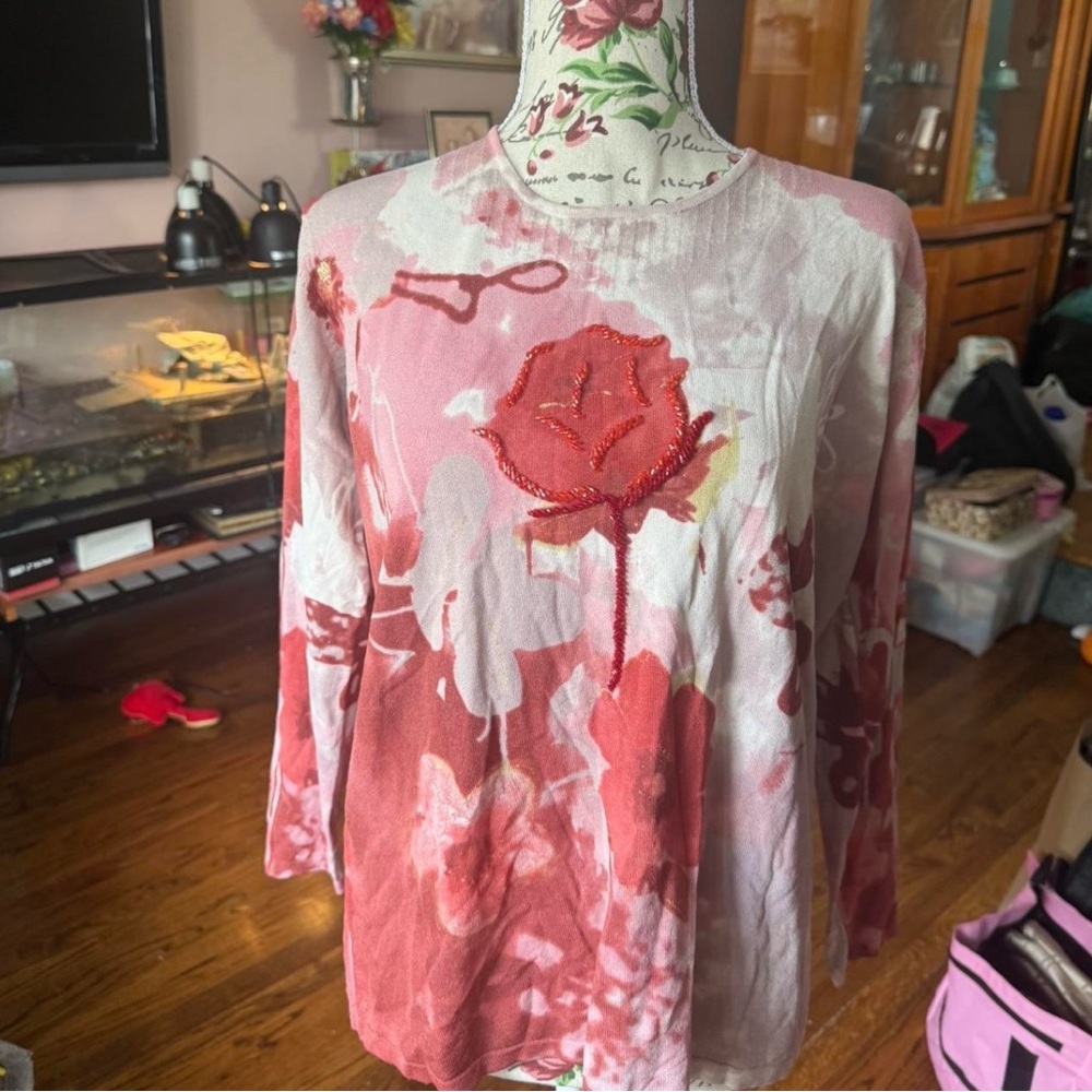 Pierri New York Red Floral Long Sleeve Top